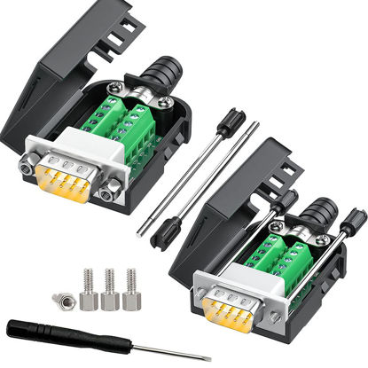 Picture of JUXINICE 2PCS DB9 Male adapters,Gold Plated 9 PIN RS232 RS485 Breakout Connector to Wiring Terminal,No Soldering Needed DB9 Serial connectors with Bolts Nuts Tail Pipes and Screwdriver, Easy to use