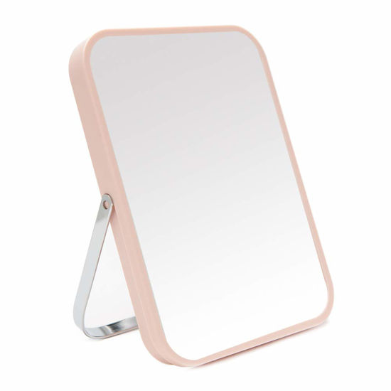 Picture of YEAKE Table Desk Vanity Makeup Mirror,8-Inch Portable Folding Mirror with Metal Stand 90°Adjustable Rotation Tavel Make Up Mirror Hanging Bathroom for Shower Shaving(Pink)