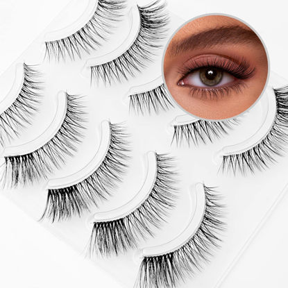 Picture of False Eyelashes Wispy Natural Look Lashes 5 Pairs Soft Faux Mink Lashes 3D 6D Volume Fluffy Frihappy Fake Eyelashes Packs SP73