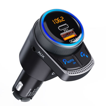 Picture of Bluetooth Transmitter for Car: Automatic Tuning FM Transmitter - Esky Bluetooth 5.1 Car Adapter with PD 24W & QC 3.0 Charger, 3.5mm Aux Adapter, Supports Hands Free Calling & Siri Google Assistant