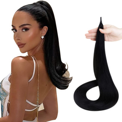 Picture of 【New Arrival】LAAVOO Black Hair Extensions Ponytail Real Human Hair 32inch Jet Black #1 100g Ponytail Extension Human Hair Clip in Wrap Ponytail Extension Human Hair Extensions For Black Women
