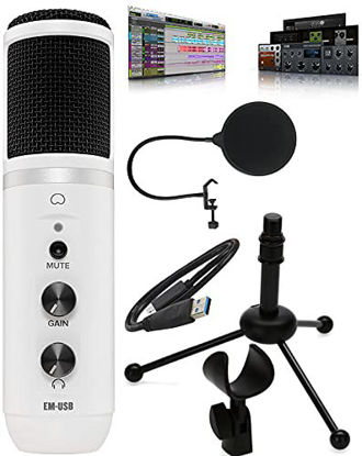 Picture of Mackie EM-USB Element Series USB Condenser Microphone (White) with Table Tripod Stand and LyxPro Pop Filter - Featuring Pro Tools First DAW Music Editing Software with Kit