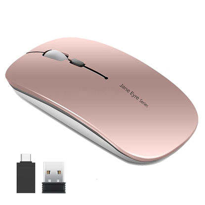 Picture of Uciefy Q5 Slim Rechargeable Wireless Mouse, 2.4G Portable Optical Silent Ultra Thin Wireless Computer Mouse with USB Receiver and Type C Adapter, Compatible with PC, Laptop, Desktop (Rose Gold)
