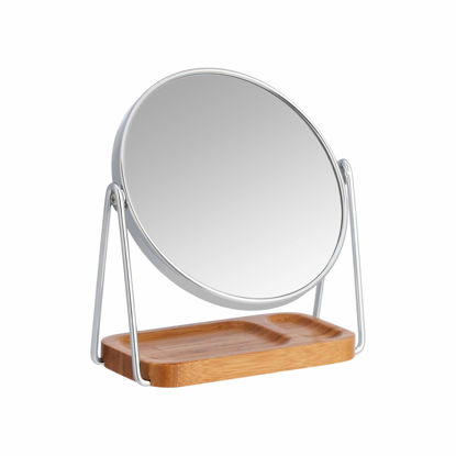Picture of Amazon Basics Vanity Round Mirror with Squared Bamboo Tray Magnification, Chrome & Bamboo, 7.68"L x 3.35"W