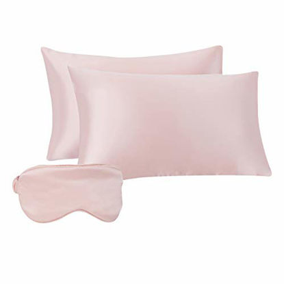 Picture of Amazon Basics Satin Sleep Set for Hair and Skin with 2 Pillowcases, Eye-mask, and Travel Pouch - Blush, Standard