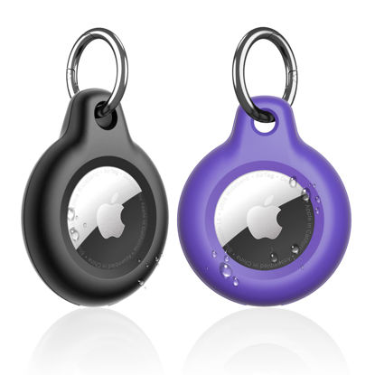 Picture of Supfine Waterproof Airtag Holder,2 Pack Air Tag Keychain,Hard PC+TPU Full Body Protective Tracker Case with Key Ring for Apple Tags,IPX8 Airtags Cover for Wallet,Luggage,Cat,Dog,Pets((Black/Purple)