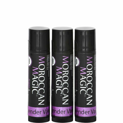 Picture of Moroccan Magic Organic Lavender Vanilla Lip Balm 3 Pack | Made with Natural Cold Pressed Argan and Essential Oils Lip Balm | Smooth Application | Non-Toxic, Cruelty Free