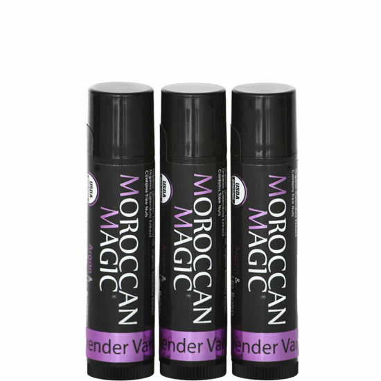 Picture of Moroccan Magic Organic Lavender Vanilla Lip Balm 3 Pack | Made with Natural Cold Pressed Argan and Essential Oils Lip Balm | Smooth Application | Non-Toxic, Cruelty Free