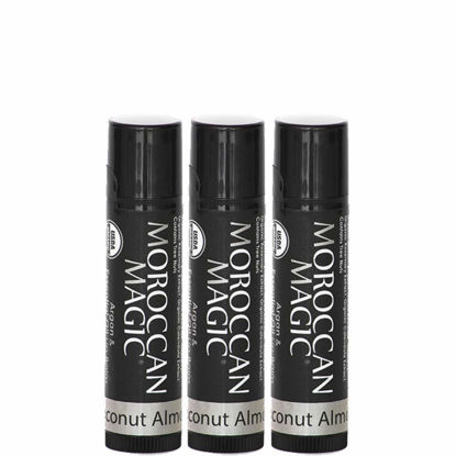 Picture of Moroccan Magic Organic Coconut Almond Lip Balm 3 Pack | Made with Natural Cold Pressed Argan and Essential Oils | Lip Balm | Smooth Application | Non-Toxic, Cruelty Free