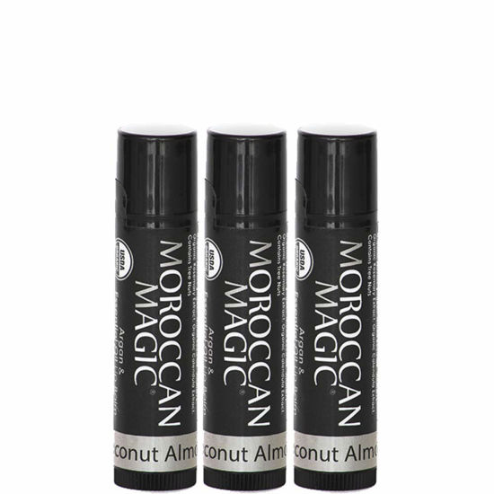 Picture of Moroccan Magic Organic Coconut Almond Lip Balm 3 Pack | Made with Natural Cold Pressed Argan and Essential Oils | Lip Balm | Smooth Application | Non-Toxic, Cruelty Free
