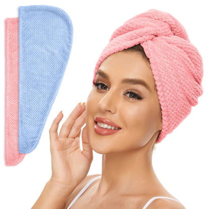 Picture of Microfiber Hair Towel for All Hair Style, 2 Pack Quick Drying Hair Turban - Perfect for Women, Men and Kids (Blue+Pink)