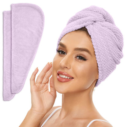 Picture of Microfiber Hair Towel for All Hair Style, 2 Pack Quick Drying Hair Turban - Perfect for Women, Men and Kids (Light Purple)