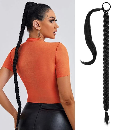 Picture of SEIKEA Long DIY Braided Ponytail Extension with Hair Tie Straight Wrap Around Hair Extensions Ponytail Natural Soft Synthetic Hair Piece Daily Wear Black 38 Inch (After Braided 34 Inch