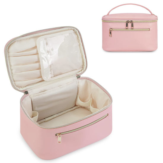 Picture of Wandering Nature Makeup Bag, Travel Make Up Organizer Cosmetic Brush Bags Case for Women in Eco Vegan Leather, Pink