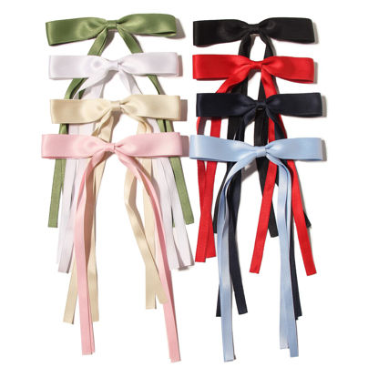 Picture of LFOUVRE Bow Hair Clips for Women, 8pcs Hair Bow Clips for Girls, Hair Ribbon Hair Bows with Long Tail, Bowknot Tassel Claw Hair Clip for Women, Hair Barrettes with Bow, Hair Accessories for Women