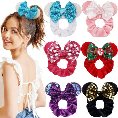 Picture of 6 Pack Mouse Ears Scrunchies Velvet Sparkle Sequin Bows Hair Scrunchies Hair Ties Elastic Rubber Bands Ponytail Holders for Kids Women Girls Adult Christmas Party Decoration （White&Black&Christmas）