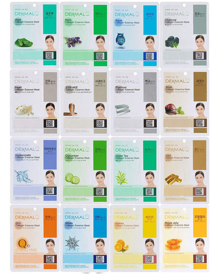 Picture of DERMAL 16 Combo Pack A Collagen Essence Korean Face Mask - Hydrating & Soothing Facial Mask with Panthenol - Hypoallergenic Self Care Sheet Mask for All Skin Types - Natural Home Spa Treatment Masks