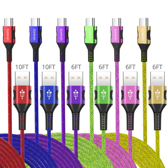 Picture of USB C Charger Cable 3A Fast Charging 6 Pack (6ft,10ft) Type C Charging Cord for Samsung Galaxy S8 S9 S10 Note 9 Note 10, LG V30 V40 V50, Moto G8 G7