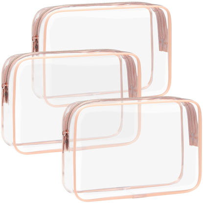 Picture of F-color TSA Approved Toiletry Bag 3 Pack Clear Bags - Makeup Cosmetic for Women Men, Quart Size Travel Bag, Carry on Airport Airline Compliant Rose Gold