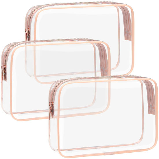 Picture of F-color TSA Approved Toiletry Bag 3 Pack Clear Bags - Makeup Cosmetic for Women Men, Quart Size Travel Bag, Carry on Airport Airline Compliant Rose Gold
