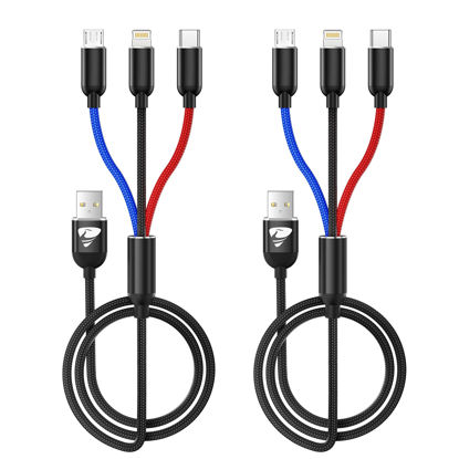 Picture of Multi Charging Cable, Multi Charger Cable Nylon Braided 3 in 1 Charging Cable Multi USB Cable Fast Charging Cord with Type-C, Micro USB and IP Port, Compatible with Most Phones & iPads (2 Pack)