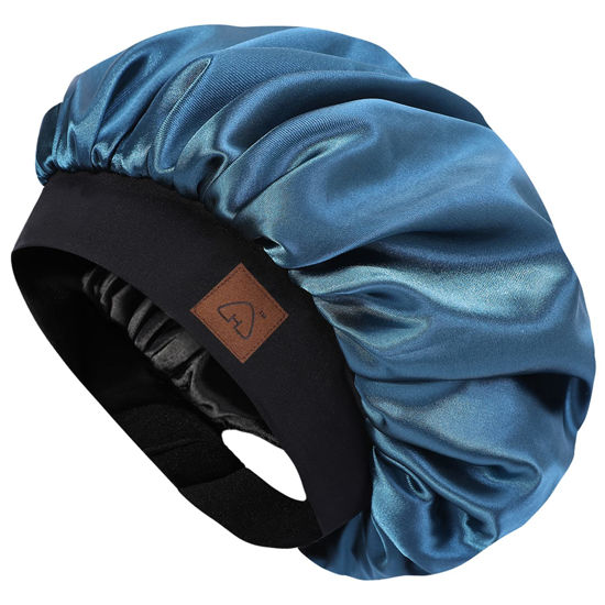Picture of HAT HUT Satin Bonnet Silk Bonnet Sleep Cap for Women Hair Bonnet for Curly Natural Hair Sleeping Adjustable Wide Band Double Layer (PRUSSIAN BLUE)