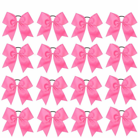 Picture of 16PCS 8" Large Cheer Hair Bows Ponytail Holder Elastic Band Handmade for Cheerleading Teen Girls College Sports (16 Pcs) (Hot Pink)
