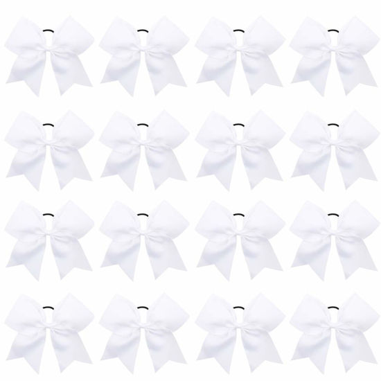 Picture of 16PCS 8" Large Cheer Hair Bows Ponytail Holder Elastic Band Handmade for Cheerleading Teen Girls College Sports (16 Pcs White)