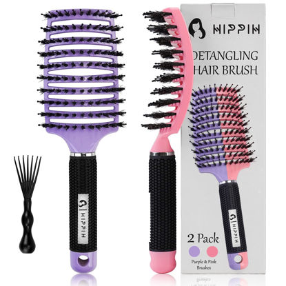 Picture of Boar Bristle Hair Brush Set of 2, HIPPIH Wet & Dry Hair Brushes Made by Fine Natural Boar Hair Can Adds Shine and Smoothing, Detangling Long Curly Thick Hair for Women, Men & Kids'