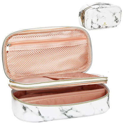 Picture of Makeup Brush Cosmetic Organizer Portable 2 layer Small Makeup Pouch Holder PU Leather Case with Carry Handle for Travel (Marble pattern)