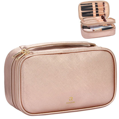 Picture of Relavel Makeup Bag Small Travel Cosmetic Bag for Women Girls Makeup Brushes Bag Portable 2 Layer Cosmetic Case Brush Organizer Christmas Gift (Small, Rose Gold)