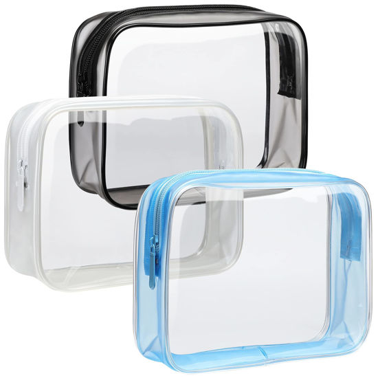 Picture of F-color Clear Toiletry Bag, 3 Pack TSA Approved Toiletry Bag Clear Makeup Bag, Travel Clear Cosmetic Bag for Women Men Quart Size Bag, Carry on Airport Airline Compliant Bag, Black, White, Blue