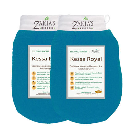 Picture of Zakia's Morocco Original Kessa Exfoliating Glove - Value Pack (2pcs) - Teal Blue - Microdermabrasion At Home Exfoliating Mitts, Removes unwanted dead skin, dirt and grime and Keratosis Pilaris. Great for spray tan removal and preparation. Made of 10