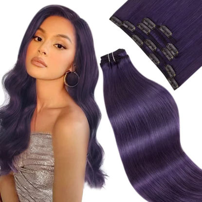 Picture of 【New Arrival】LAAVOO 22inch Purple Clip in Human Hair Extensions Lavender 70 Gram 5Pcs Hair Extensions Clip ins Fashion Color Purple Double Weft Real Human Hair Extensions Long Silky Straight