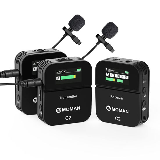 Picture of Moman Wireless Lavalier Microphone, C2X 2.4GHz Wireless Microphone System with Dual Transmitter & 1 Receiver for Phone, Laptop, DSLR, Tablet, Camcorder and rode Shotgun Mic