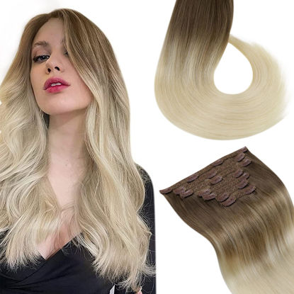 Picture of 【Only 1】22 inch Clip in Hair Extensions Balayage Blonde 7pcs 120g Ombre Brown Fading to Platinum Blonde Hair Extensions Real Human Hair Clip ins Blonde Hair Extensions Long Straight
