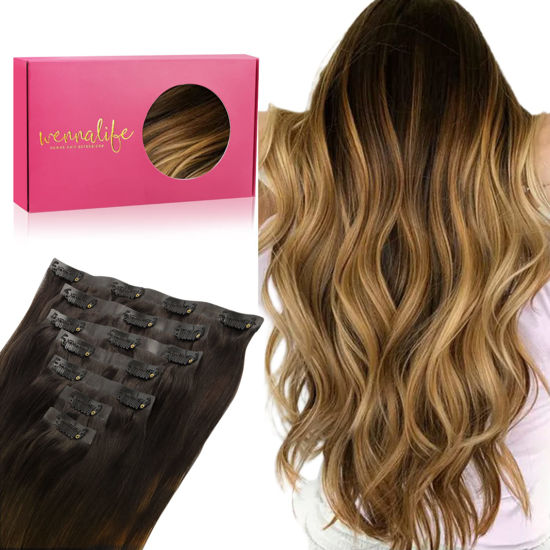 Seamless Clip in Human Hair Extensions, Chestnut Brown Highlights Hair Extensions with Invisible Band, Silky Soft, Straight, 110g