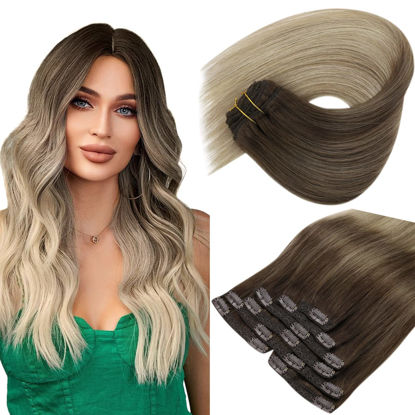 Picture of [Uncontinued] Clip in Human Hair Extensions, Sunny Ombre Clip in Hair Extensions Real Human Hair, Balayage Clip in Extension Human Hair Dark Brown Ombre Light Blonde Mix Platinum Blonde 22in 7pcs 120g