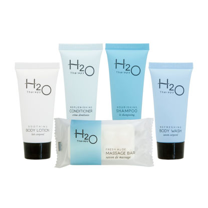 Picture of H2O Therapy Hotel Soaps and Toiletries Bulk Set | 1-Shoppe All-In-Kit Amenities for Hotels & Airbnb | .85oz Hotel Shampoo & Conditioner, Body Wash, Body Lotion & 1 oz Bar Soap Travel Size | 150 Pieces