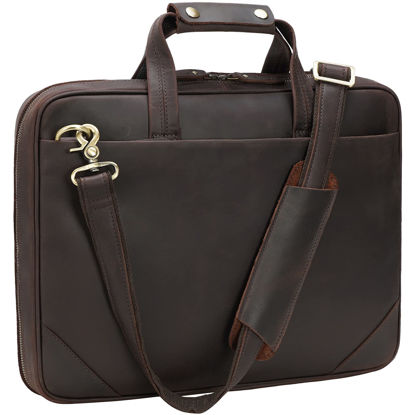 Picture of Full Grain Leather Slim Briefcase for Men 15.6 Inch Laptop Crossbody Shoulder Messenger Bags Brown Vintage Attache Case Business Work Lawyer Computer Bag