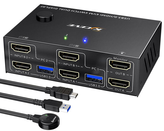 GetUSCart- USB 3.0 Dual Monitor KVM Switch HDMI 4K@60Hz 2K@144Hz Simulation  EDID, MLEEDA USB HDMI Extended Display Switcher for 2 Computers Share 2  Monitors and 4 USB 3.0 Ports,Wired Remote and Cables Included
