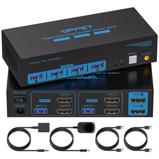 KVM Switch 2 in 1 Out USB 3.0 HDMI KVM Switch 8K@60Hz 4K@60Hz for 2  Computers Share 1 Monitor and Keyboard Mouse Printer with Remote and USB3.0  Cables