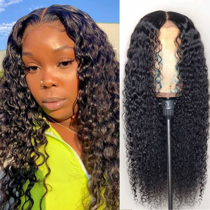 Picture of BLY Human Hair Lace Front Wig Deep Wave 4x4 Lace Closure HD Transparent Wigs for Women 180% Density Brazilian Virgin Hair Pre Plucked with Baby Hair Natural Black Color 22 Inch