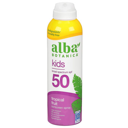 Picture of Alba Botanica Kids Sunscreen for Face and Body, Tropical Fruit Sunscreen Spray for Kids, Broad Spectrum SPF 50, Water Resistant and Hypoallergenic, 6 fl. oz. Bottle
