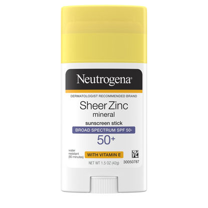 Picture of Neutrogena Sheer Zinc Oxide Mineral Sunscreen Stick with Vitamin E, Broad Spectrum SPF 50+ & UVA/UVB Protection, Water Resistant & Residue-Free Application, Paraben-Free, Dye-Free, 1.5 oz