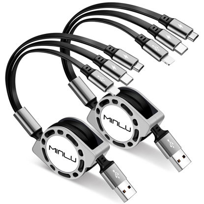 Picture of Minlu Multi Charging Cable 3A 2Pack 4ft 3 in 1 Retractable Multi USB Cable Fast Charger Cord Adapter with IP/Type C/Micro USB Port for Cell Phones/IP/Samsung Galaxy/Ps/Tablets and More