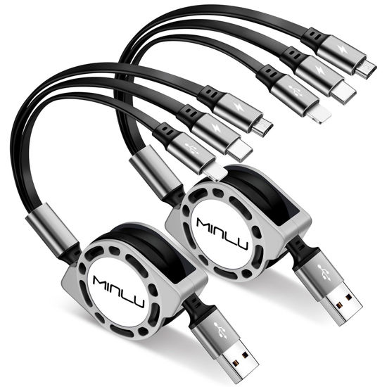 Picture of Minlu Multi Charging Cable 3A 2Pack 4ft 3 in 1 Retractable Multi USB Cable Fast Charger Cord Adapter with IP/Type C/Micro USB Port for Cell Phones/IP/Samsung Galaxy/Ps/Tablets and More