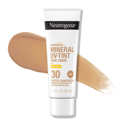 Picture of Neutrogena Purescreen+ Tinted Sunscreen for Face with SPF 30, Broad Spectrum Mineral Sunscreen with Zinc Oxide and Vitamin E, Water Resistant, Fragrance Free, Medium, 1.1 fl oz