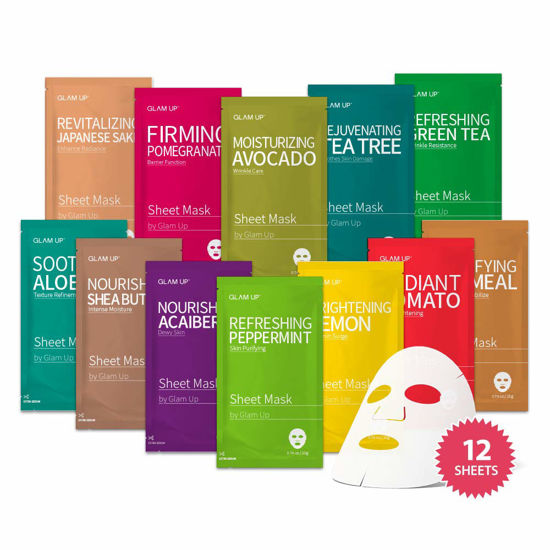 Picture of GLAM UP Sheet mask Facial Sheet Mask 12 Combo (Pack of 12) | Face Masks Skincare, Hydrating Face Masks, Moisturizing, Brightening and Soothing, Beauty Mask For All Skin Type