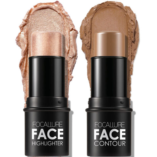 Picture of FOCALLURE 2 Pcs Contour Foundation Stick, Highlighter & Bronzer Pen, Face Brightens & Shades Pencil, Highlighting Shade Longwear Makeup, Highlight Bronzer Shaping Trimming Stick,Medium
